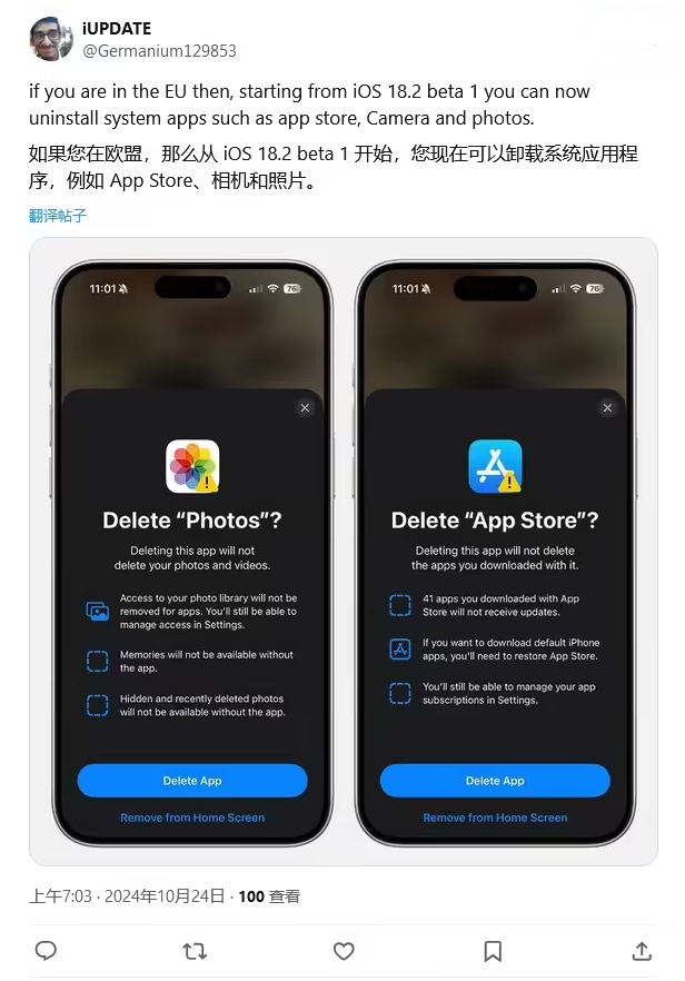 翔安苹果手机维修分享iOS 18.2 支持删除 App Store 应用商店 