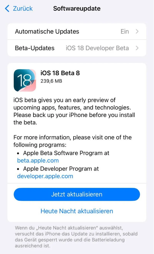 翔安苹果手机维修分享苹果 iOS / iPadOS 18 开发者预览版 Beta 8 发布 